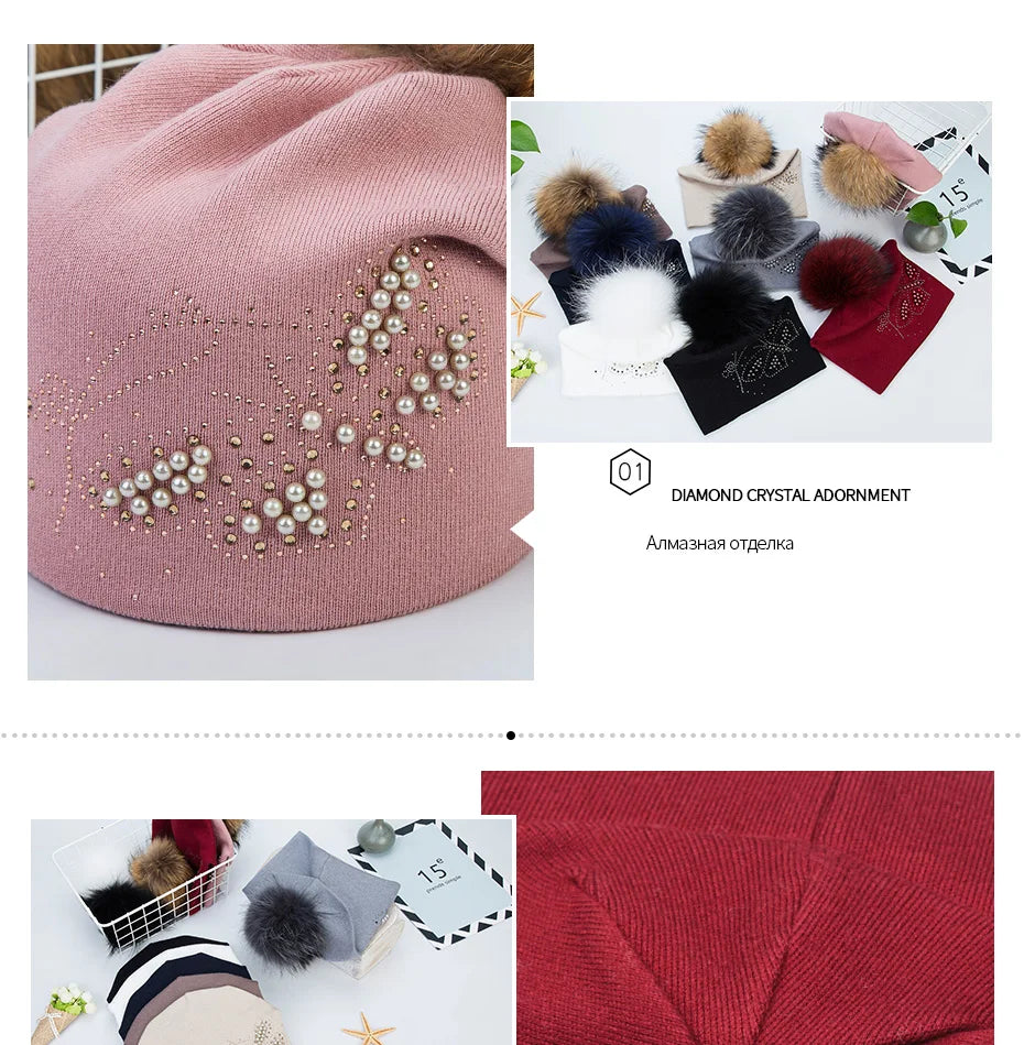 CNTANG 2024 Fashion Pearl Butterfly Women Hats Knitted Wool Beanies Autumn Winter Warm Caps With Natural Fur Pom Pom Ladies Hat