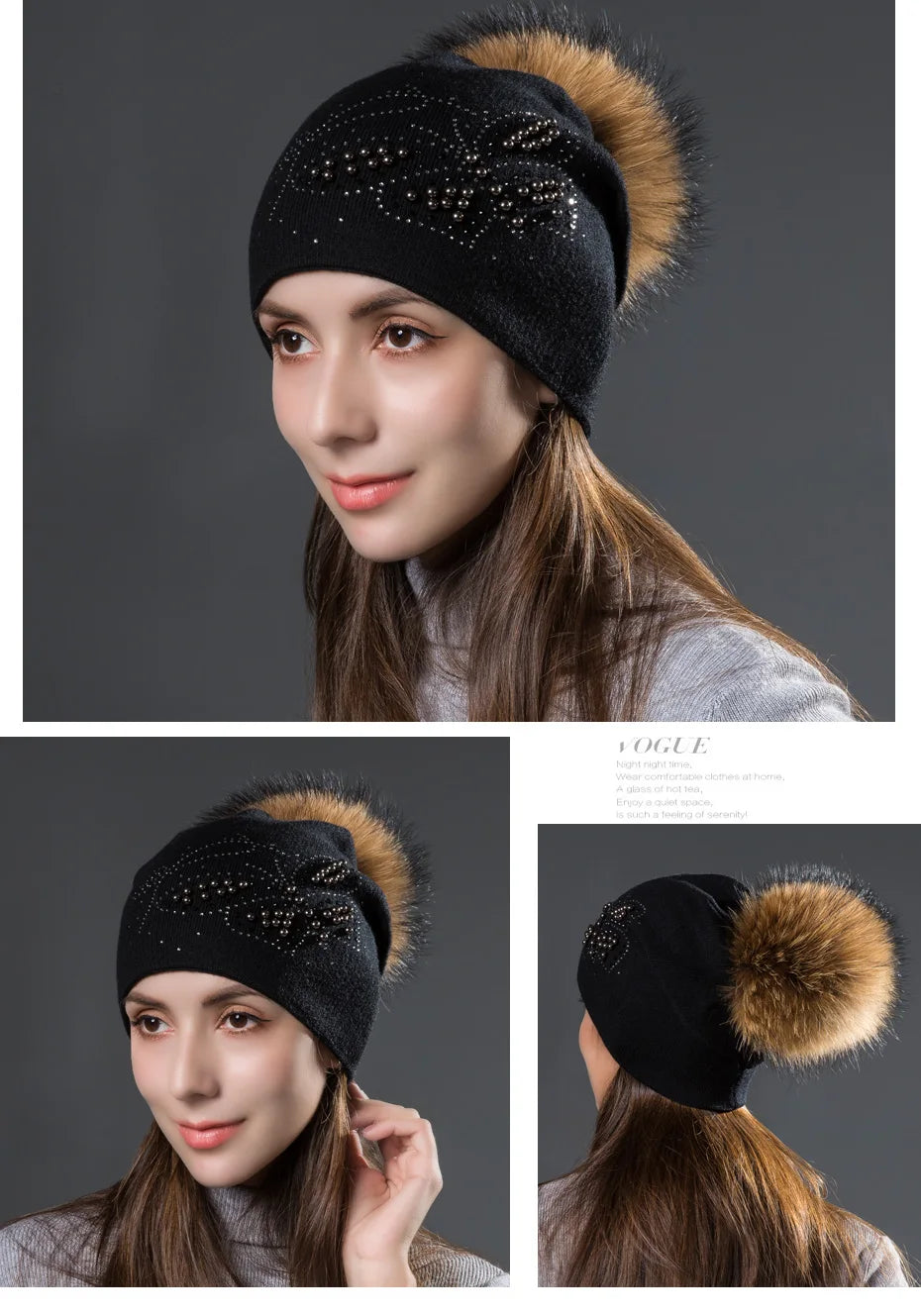 CNTANG 2024 Fashion Pearl Butterfly Women Hats Knitted Wool Beanies Autumn Winter Warm Caps With Natural Fur Pom Pom Ladies Hat