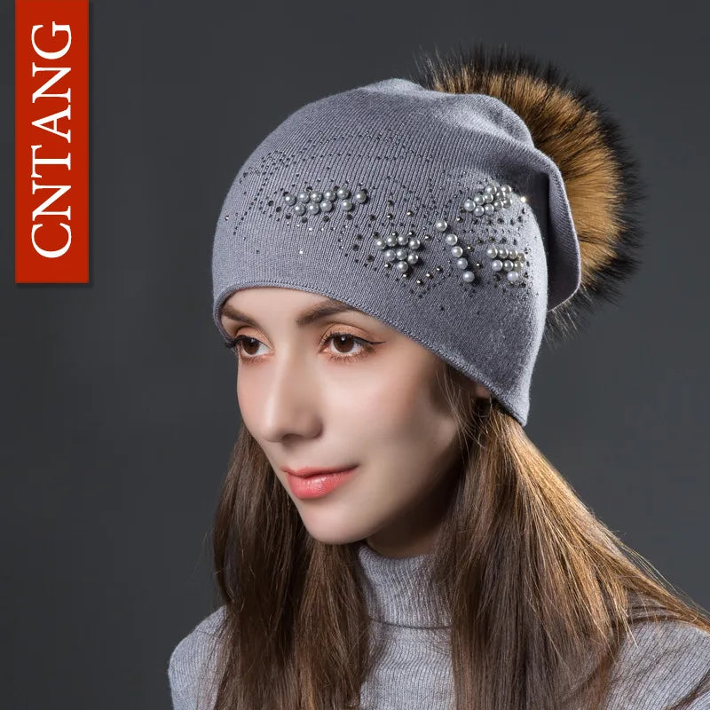 CNTANG 2024 Fashion Pearl Butterfly Women Hats Knitted Wool Beanies Autumn Winter Warm Caps With Natural Fur Pom Pom Ladies Hat