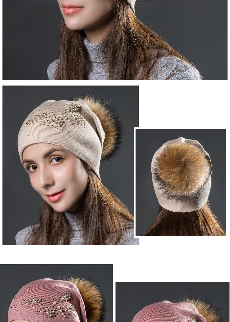 CNTANG 2024 Fashion Pearl Butterfly Women Hats Knitted Wool Beanies Autumn Winter Warm Caps With Natural Fur Pom Pom Ladies Hat