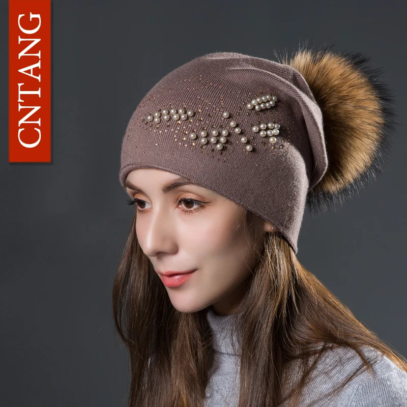 CNTANG 2024 Fashion Pearl Butterfly Women Hats Knitted Wool Beanies Autumn Winter Warm Caps With Natural Fur Pom Pom Ladies Hat