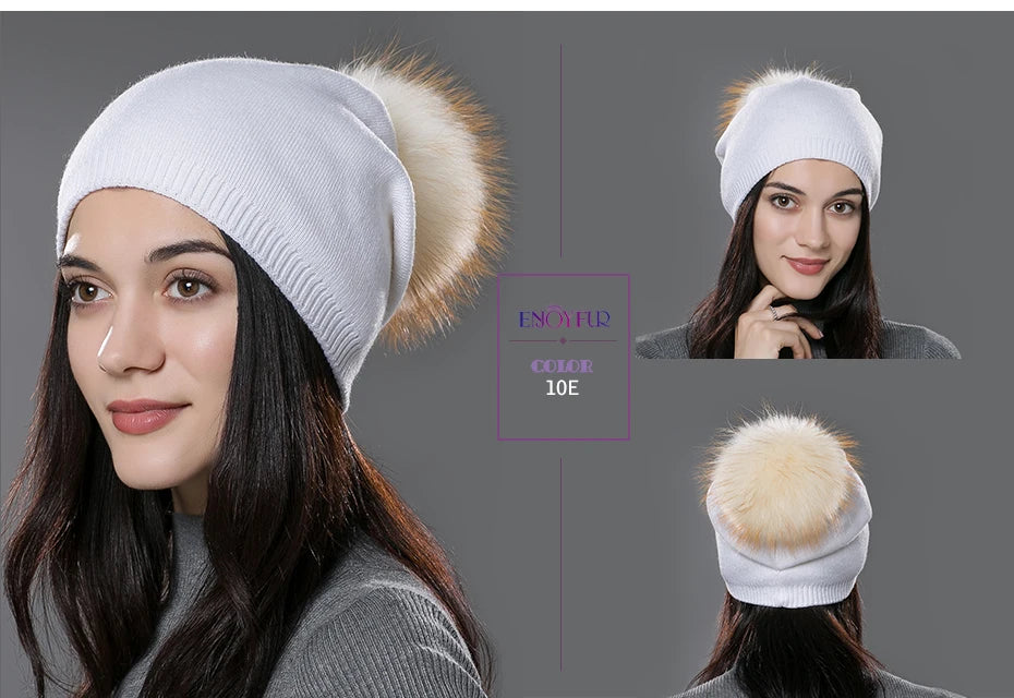 ENJOYFUR Winter women real fur pom pom hats wool knitted thick warm lined beanies hat lady fashion bobble ski caps