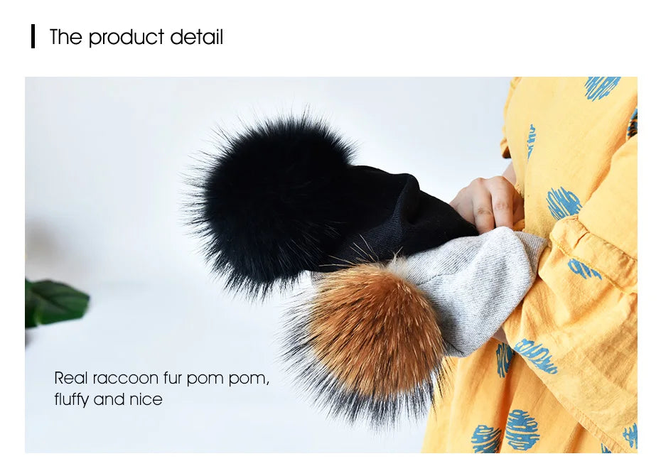 ENJOYFUR Winter women real fur pom pom hats wool knitted thick warm lined beanies hat lady fashion bobble ski caps