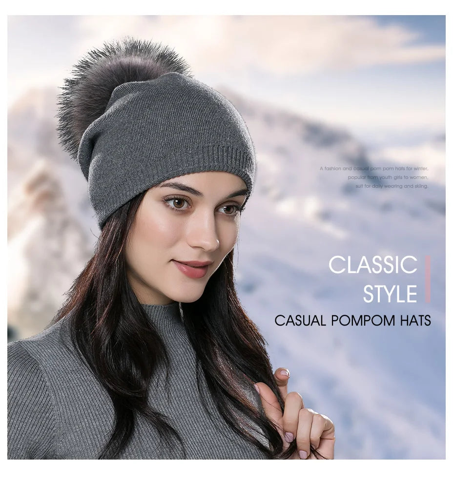 ENJOYFUR Winter women real fur pom pom hats wool knitted thick warm lined beanies hat lady fashion bobble ski caps