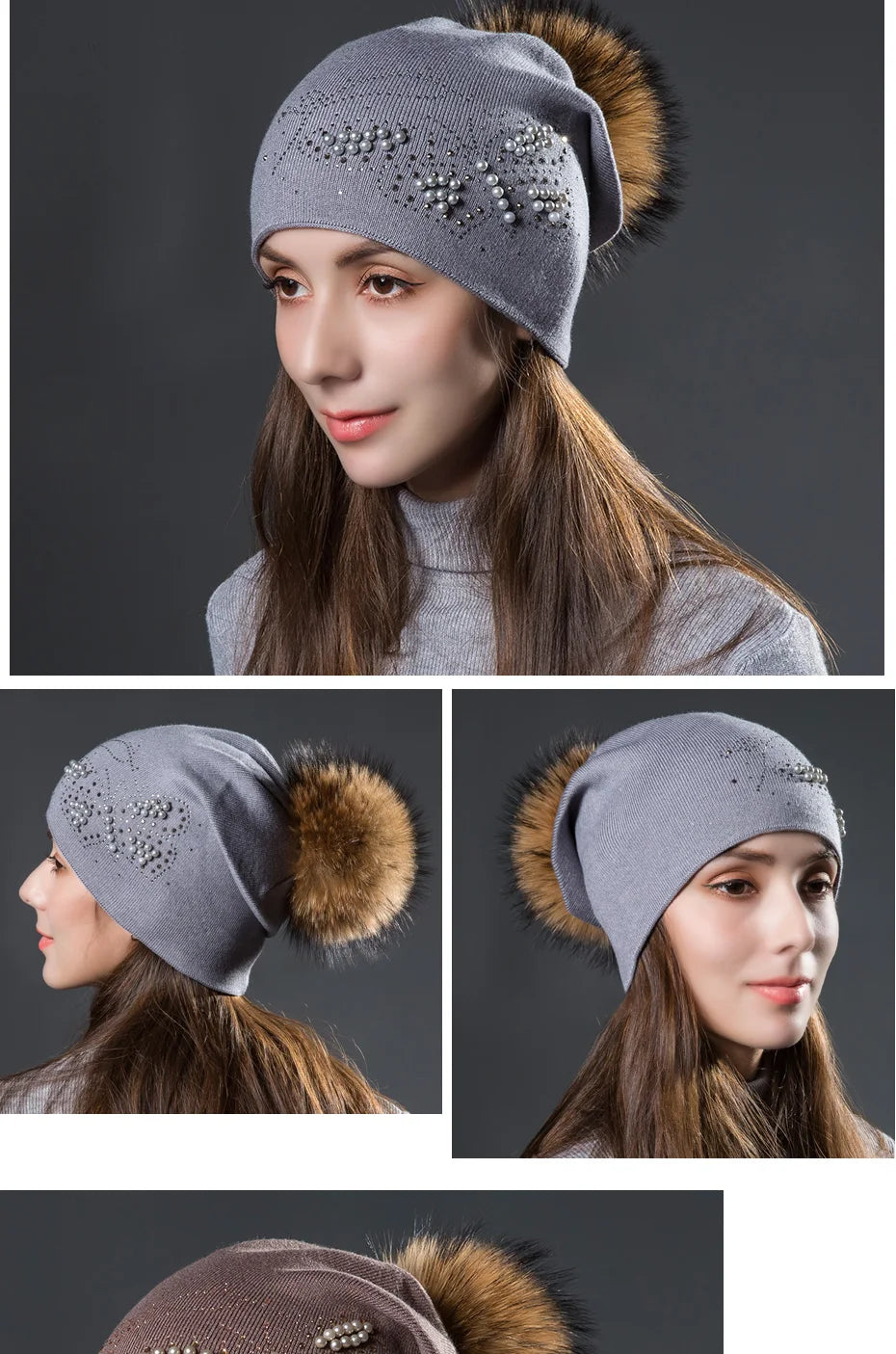 CNTANG 2024 Fashion Pearl Butterfly Women Hats Knitted Wool Beanies Autumn Winter Warm Caps With Natural Fur Pom Pom Ladies Hat