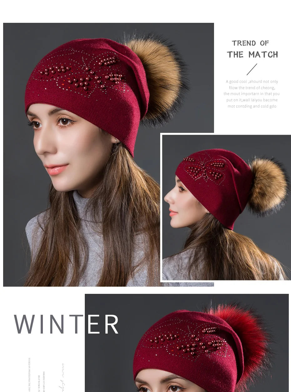 CNTANG 2024 Fashion Pearl Butterfly Women Hats Knitted Wool Beanies Autumn Winter Warm Caps With Natural Fur Pom Pom Ladies Hat