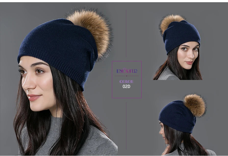 ENJOYFUR Winter women real fur pom pom hats wool knitted thick warm lined beanies hat lady fashion bobble ski caps