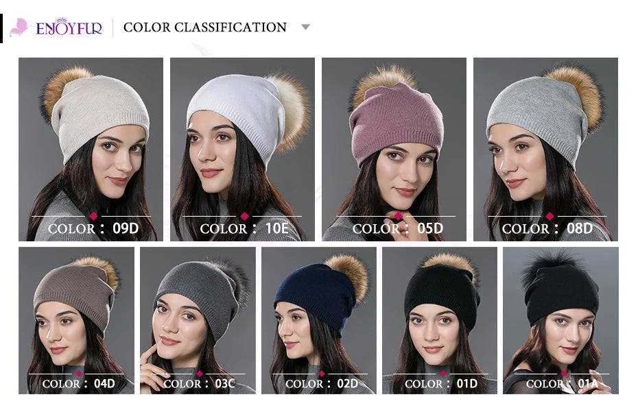 ENJOYFUR Winter women real fur pom pom hats wool knitted thick warm lined beanies hat lady fashion bobble ski caps