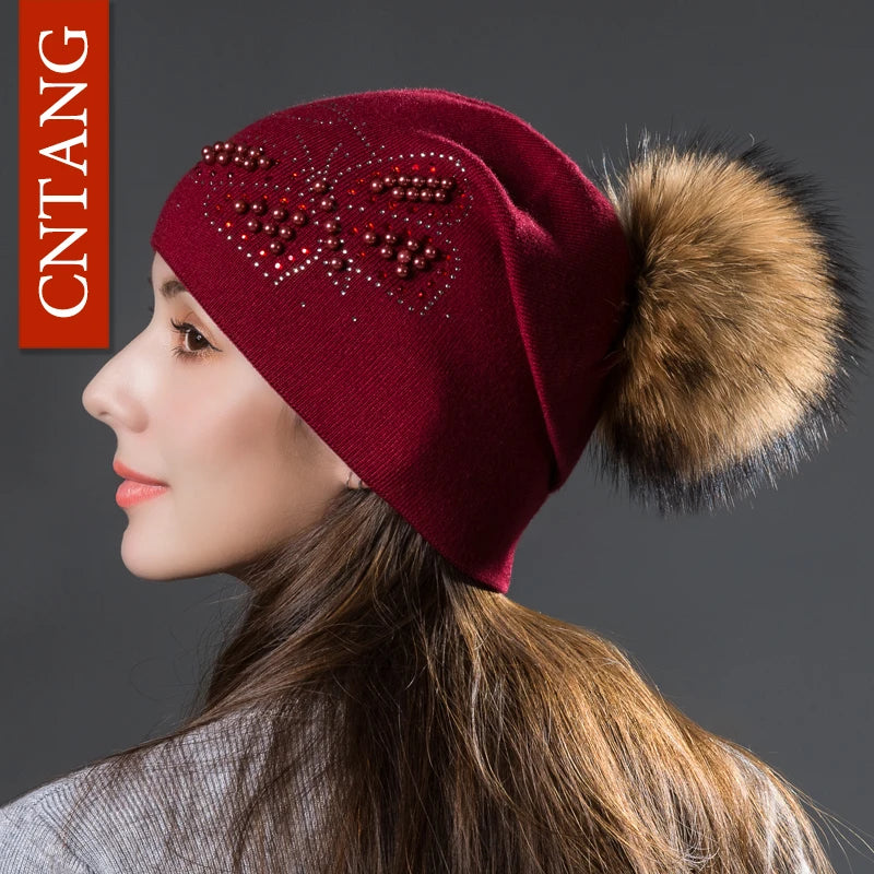 CNTANG 2024 Fashion Pearl Butterfly Women Hats Knitted Wool Beanies Autumn Winter Warm Caps With Natural Fur Pom Pom Ladies Hat