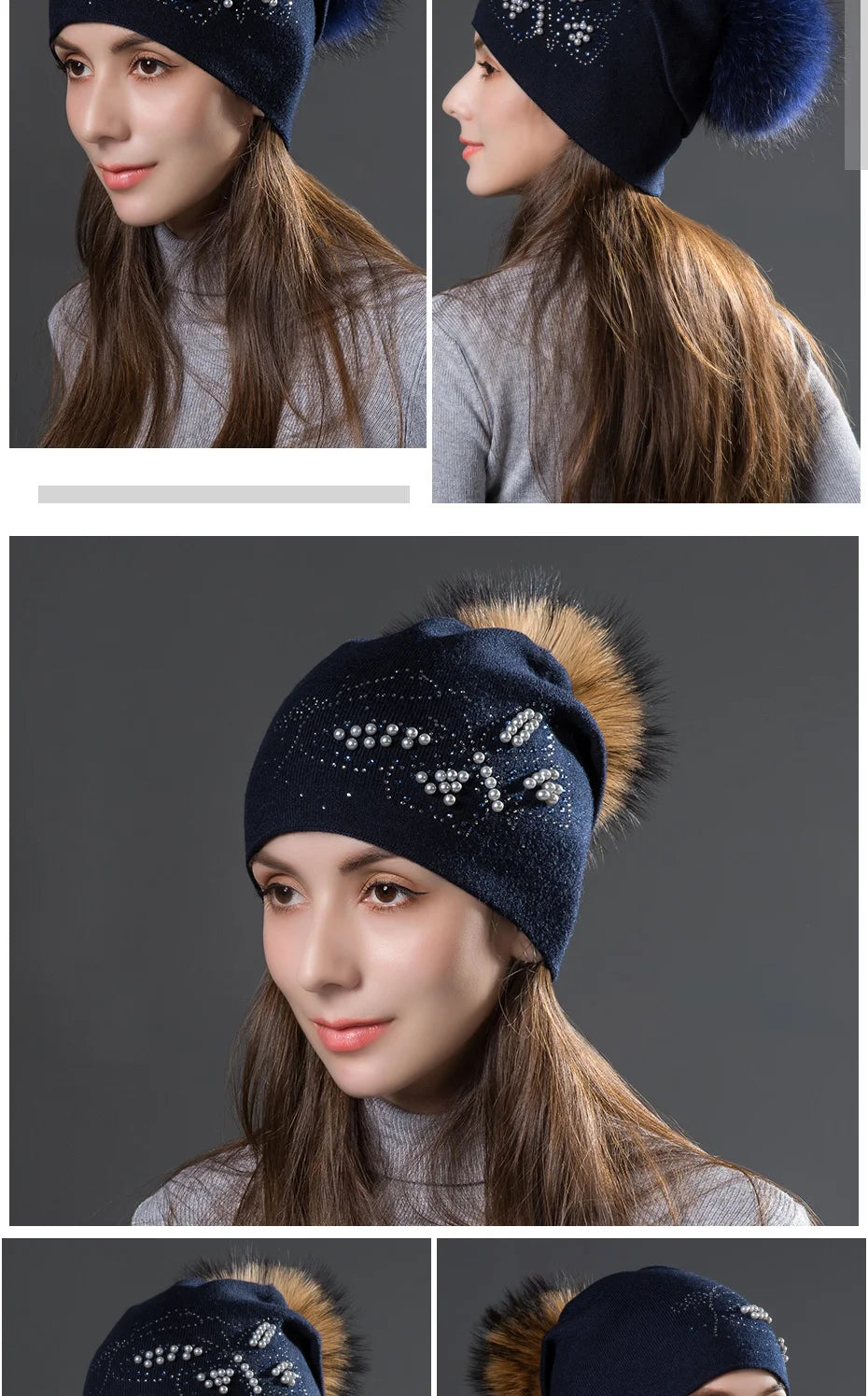 CNTANG 2024 Fashion Pearl Butterfly Women Hats Knitted Wool Beanies Autumn Winter Warm Caps With Natural Fur Pom Pom Ladies Hat