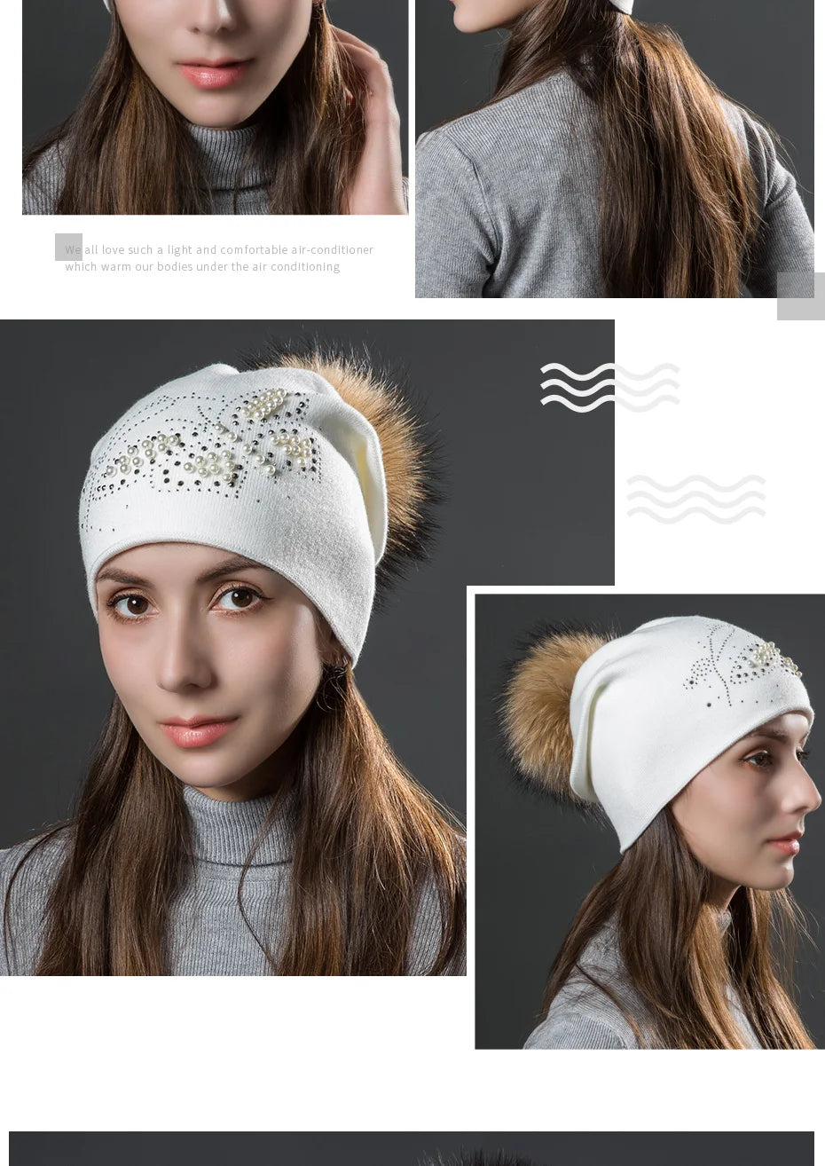 CNTANG 2024 Fashion Pearl Butterfly Women Hats Knitted Wool Beanies Autumn Winter Warm Caps With Natural Fur Pom Pom Ladies Hat