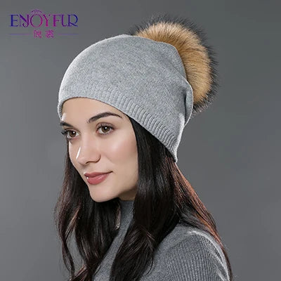 ENJOYFUR Winter women real fur pom pom hats wool knitted thick warm lined beanies hat lady fashion bobble ski caps