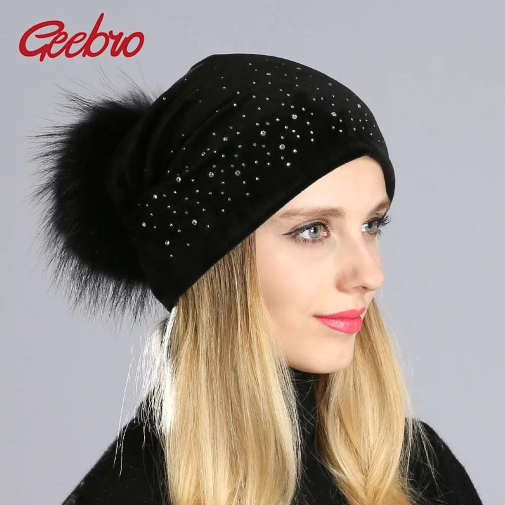 Geebro Winter Women's Pom Pom Rhinestones Beanie Hat and Neck Scarves Casual Casual Velvet  Beanies Hat With Raccoon Fur Pompon