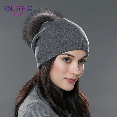 ENJOYFUR Winter women real fur pom pom hats wool knitted thick warm lined beanies hat lady fashion bobble ski caps