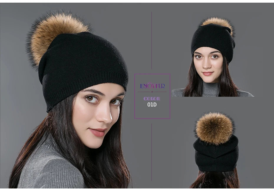 ENJOYFUR Winter women real fur pom pom hats wool knitted thick warm lined beanies hat lady fashion bobble ski caps