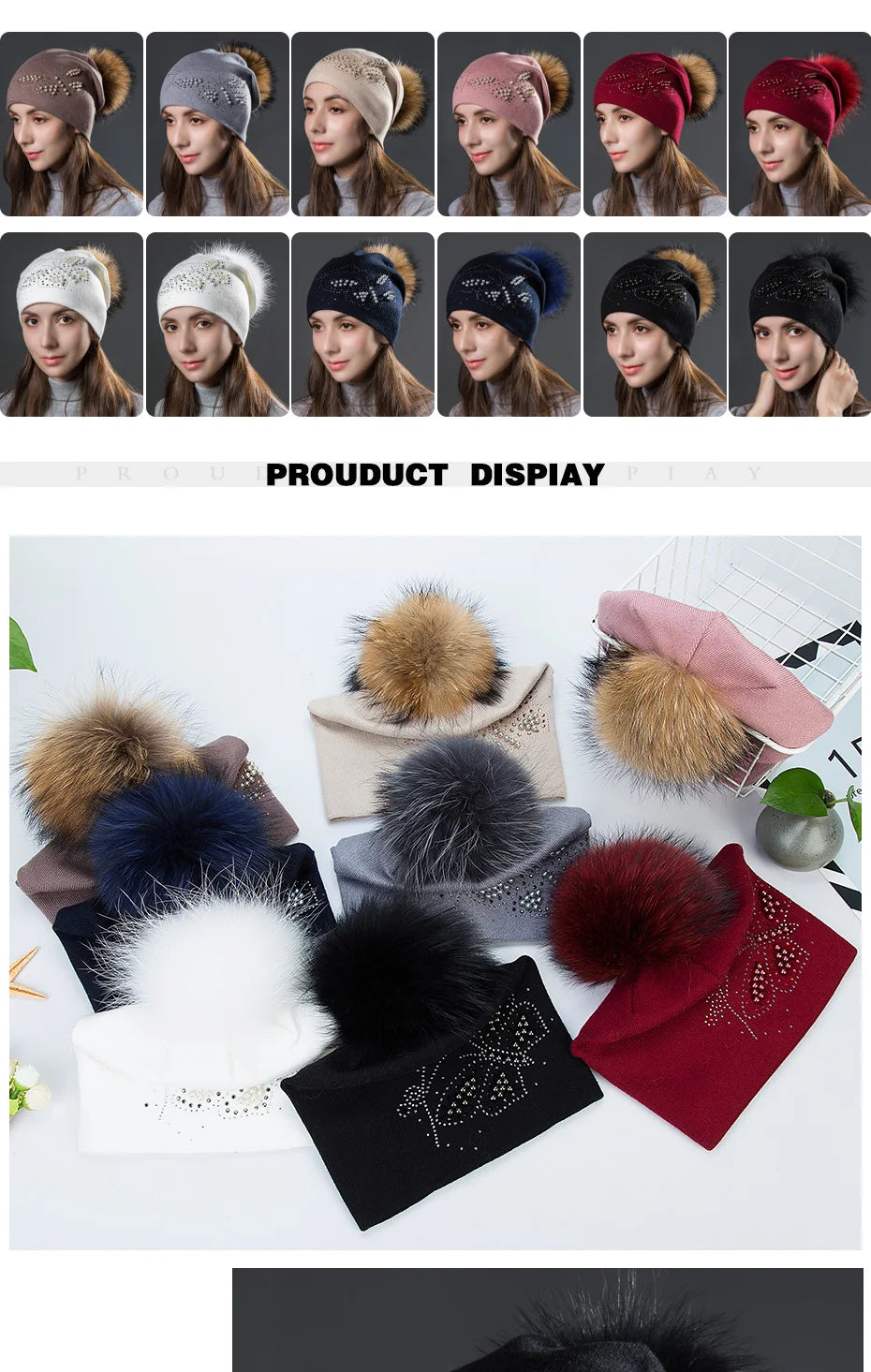 CNTANG 2024 Fashion Pearl Butterfly Women Hats Knitted Wool Beanies Autumn Winter Warm Caps With Natural Fur Pom Pom Ladies Hat