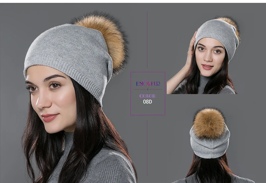 ENJOYFUR Winter women real fur pom pom hats wool knitted thick warm lined beanies hat lady fashion bobble ski caps