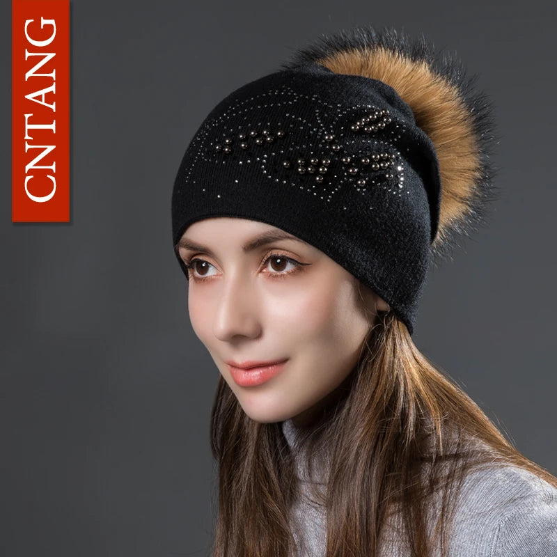 CNTANG 2024 Fashion Pearl Butterfly Women Hats Knitted Wool Beanies Autumn Winter Warm Caps With Natural Fur Pom Pom Ladies Hat