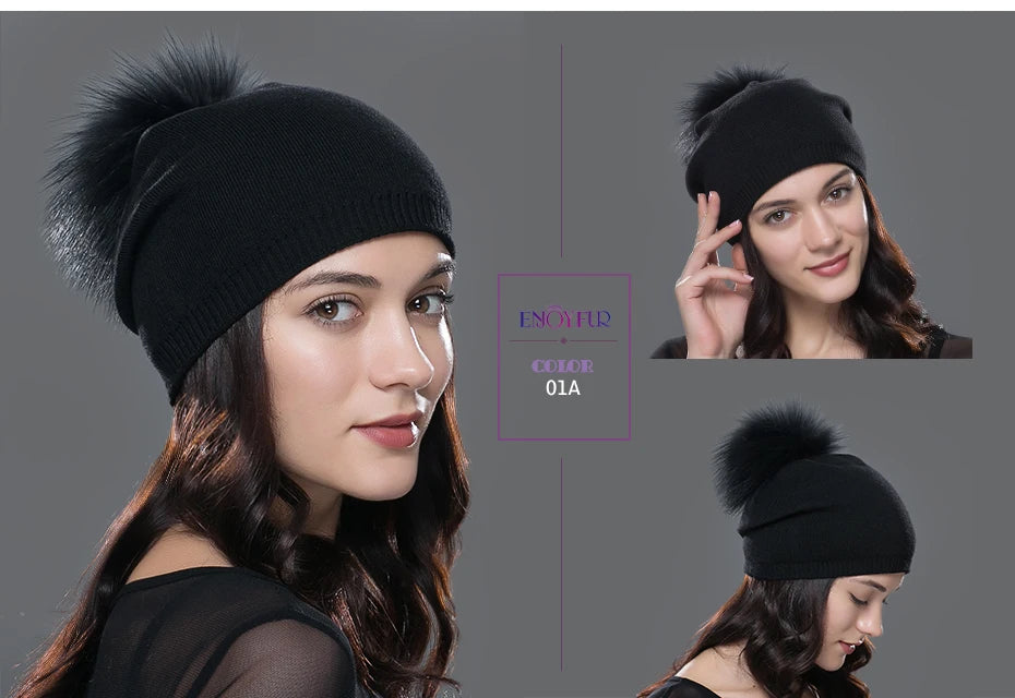 ENJOYFUR Winter women real fur pom pom hats wool knitted thick warm lined beanies hat lady fashion bobble ski caps