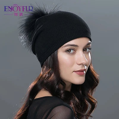 ENJOYFUR Winter women real fur pom pom hats wool knitted thick warm lined beanies hat lady fashion bobble ski caps