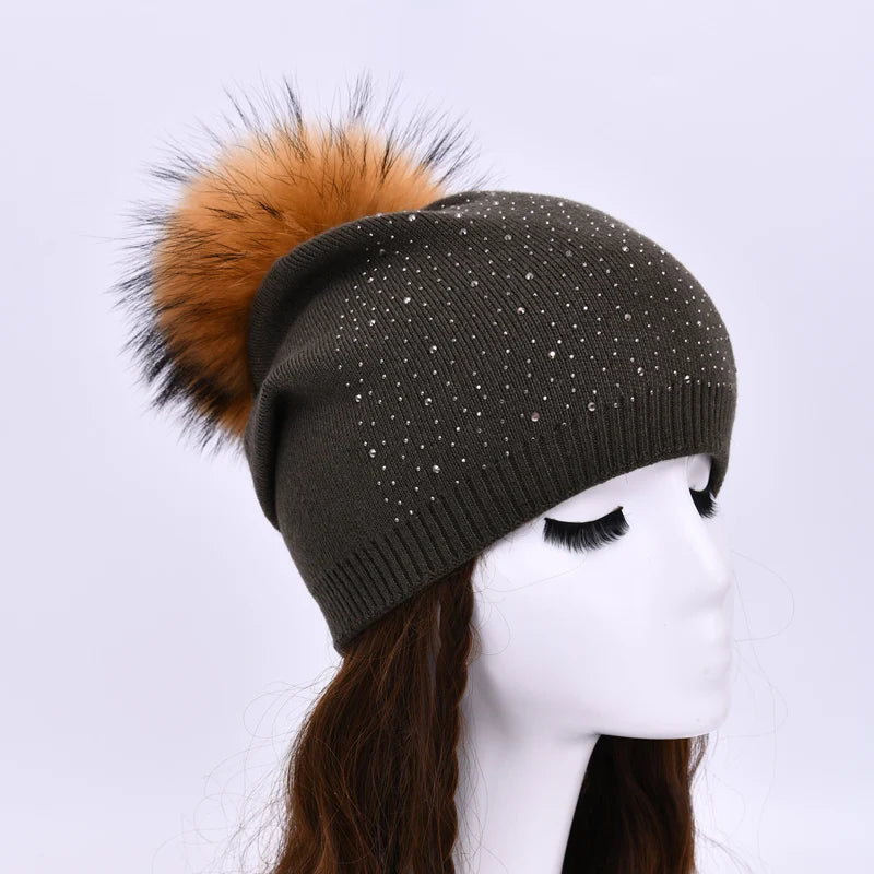 Women's Real Fur Pompon Hat Female Plain Warm Knit Beanie Hat Natural Raccoon Fur Pom Pom Hat Winter Beanies with Fur Pompom