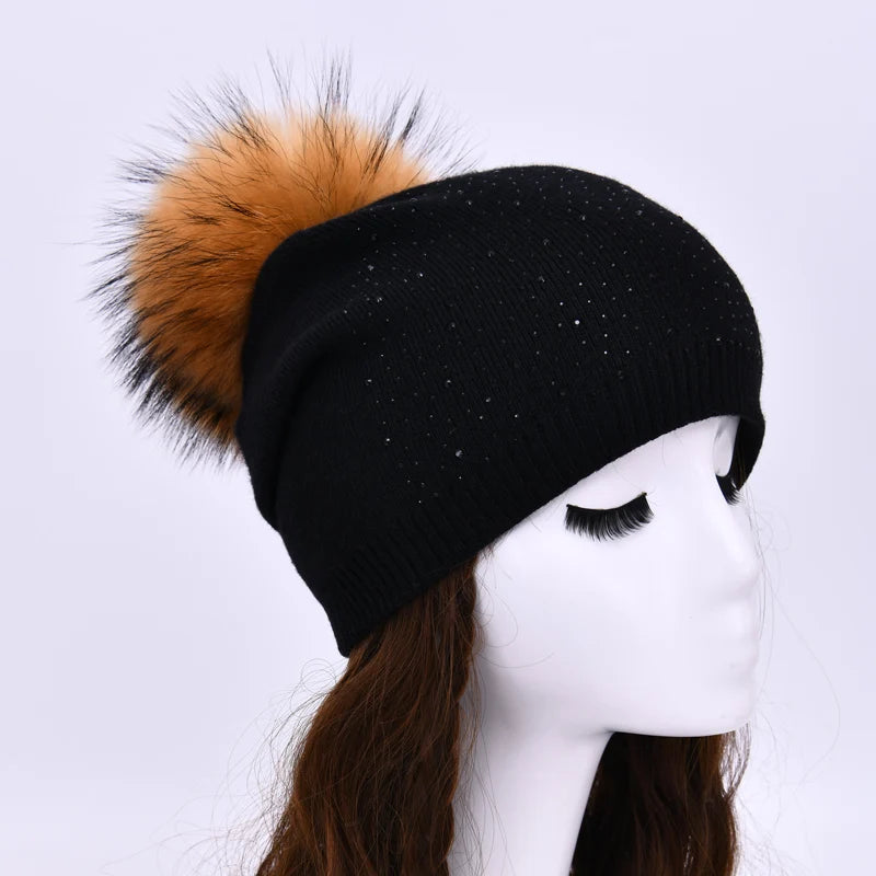 Women's Real Fur Pompon Hat Female Plain Warm Knit Beanie Hat Natural Raccoon Fur Pom Pom Hat Winter Beanies with Fur Pompom