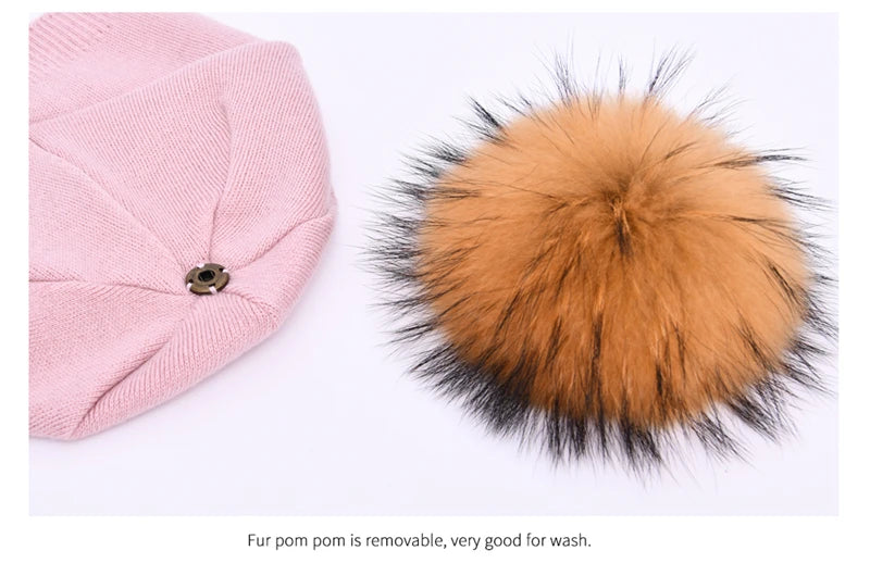 Women's Real Fur Pompon Hat Female Plain Warm Knit Beanie Hat Natural Raccoon Fur Pom Pom Hat Winter Beanies with Fur Pompom