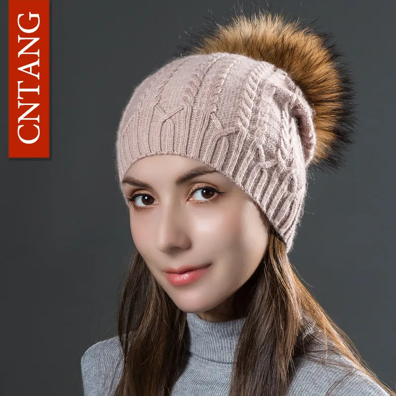 Multiple Styles Fashion Warm Hat Women Winter Beanies Natural Raccoon Fur Pompom Cap Wool Knitted Hats Women High Quality