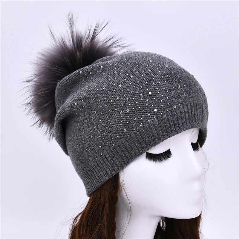 Women's Real Fur Pompon Hat Female Plain Warm Knit Beanie Hat Natural Raccoon Fur Pom Pom Hat Winter Beanies with Fur Pompom