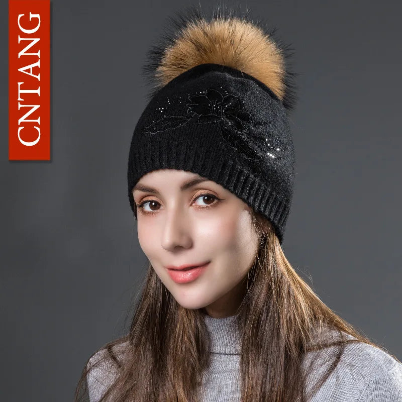 Multiple Styles Fashion Warm Hat Women Winter Beanies Natural Raccoon Fur Pompom Cap Wool Knitted Hats Women High Quality