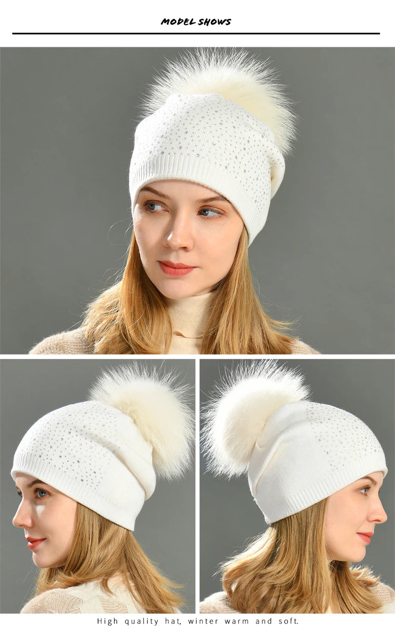 Women's Real Fur Pompon Hat Female Plain Warm Knit Beanie Hat Natural Raccoon Fur Pom Pom Hat Winter Beanies with Fur Pompom