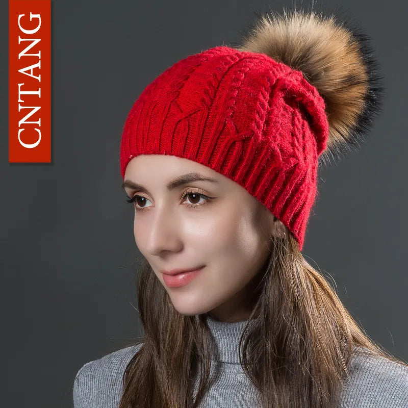 Multiple Styles Fashion Warm Hat Women Winter Beanies Natural Raccoon Fur Pompom Cap Wool Knitted Hats Women High Quality