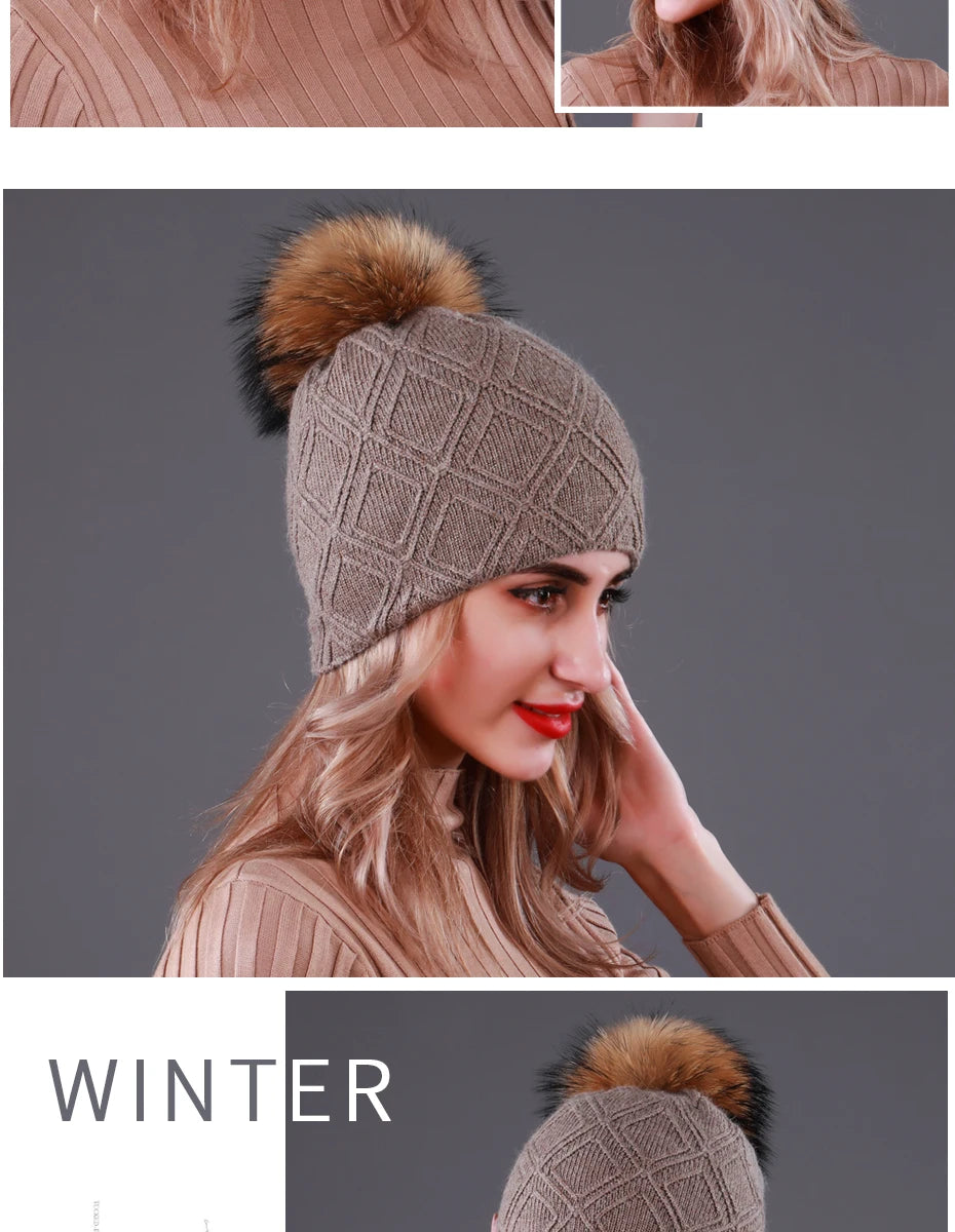 Multiple Styles Fashion Warm Hat Women Winter Beanies Natural Raccoon Fur Pompom Cap Wool Knitted Hats Women High Quality