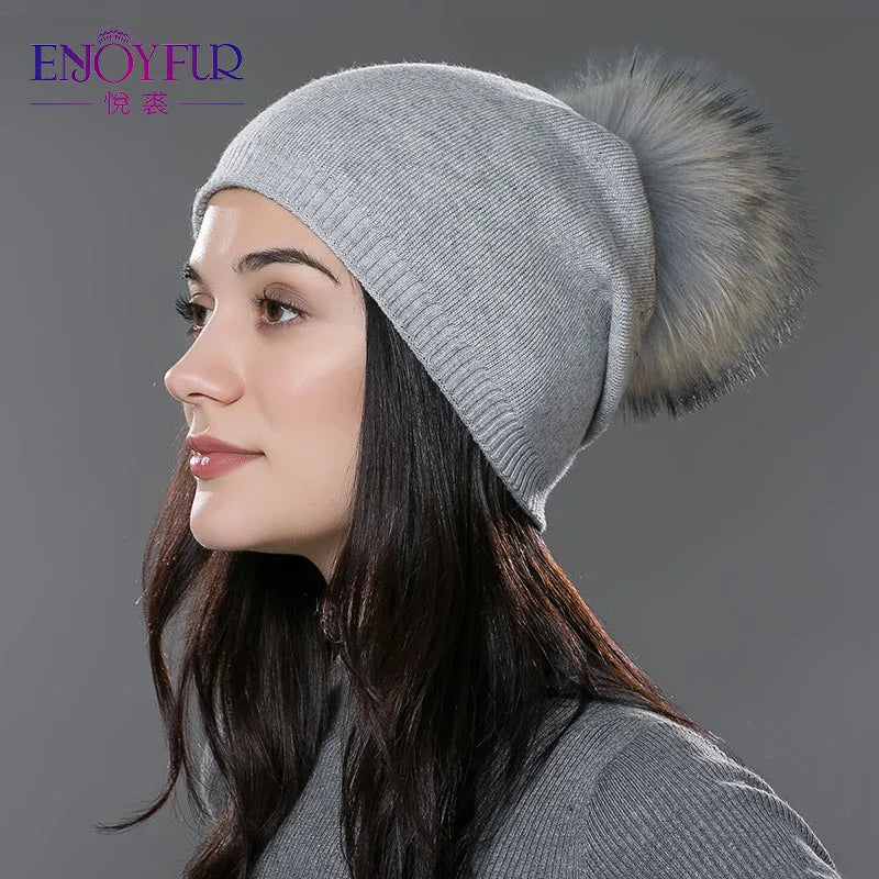 ENJOYFUR Winter women real fur pom pom hats wool knitted thick warm lined beanies hat lady fashion bobble ski caps