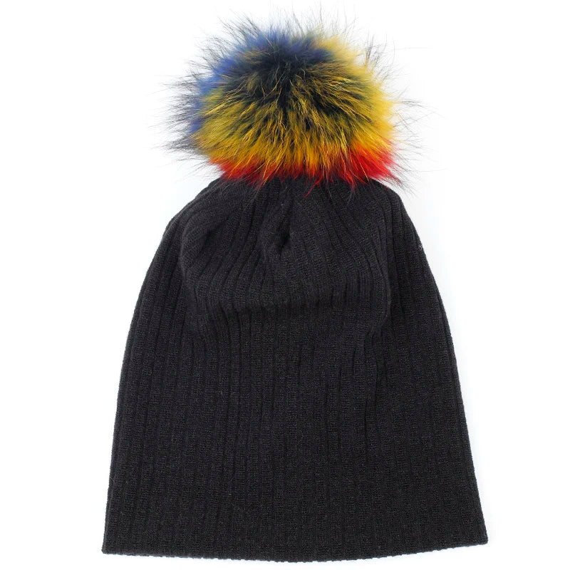 Geebro Women Winter Cotton Ribbed Beanies with 15cm Real Raccoon Fur pompom  Autumn Slouchy Ladies Stretch Striped Skullies Hat