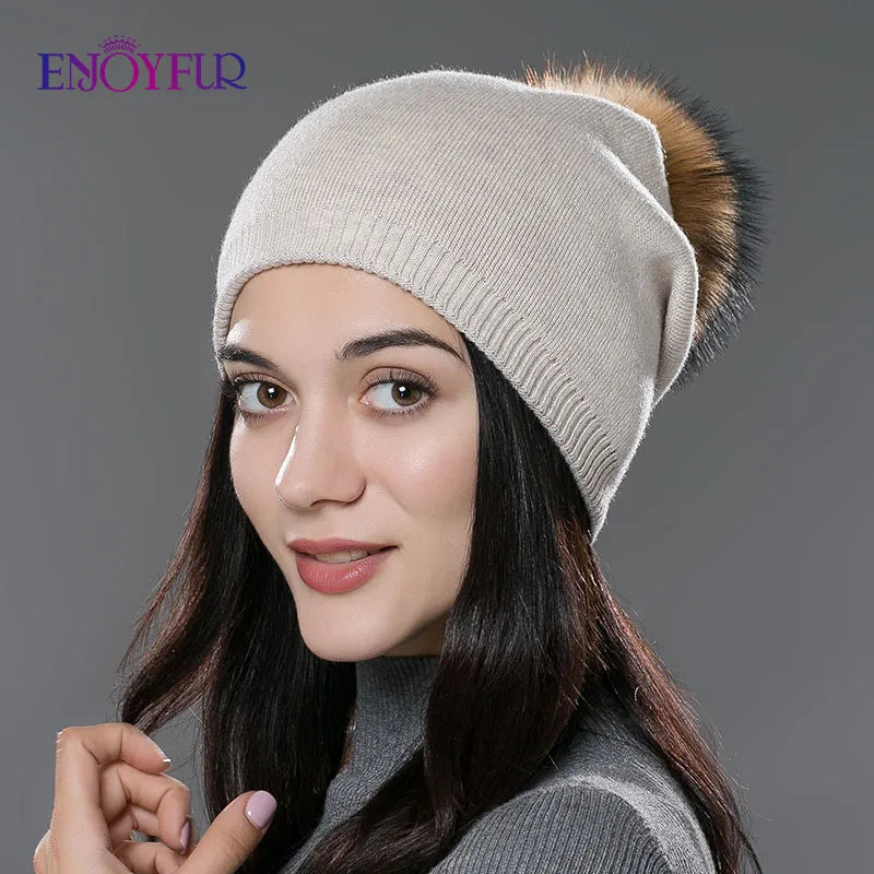 ENJOYFUR Winter women real fur pom pom hats wool knitted thick warm lined beanies hat lady fashion bobble ski caps