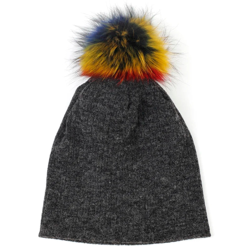 Geebro Women Winter Cotton Ribbed Beanies with 15cm Real Raccoon Fur pompom  Autumn Slouchy Ladies Stretch Striped Skullies Hat