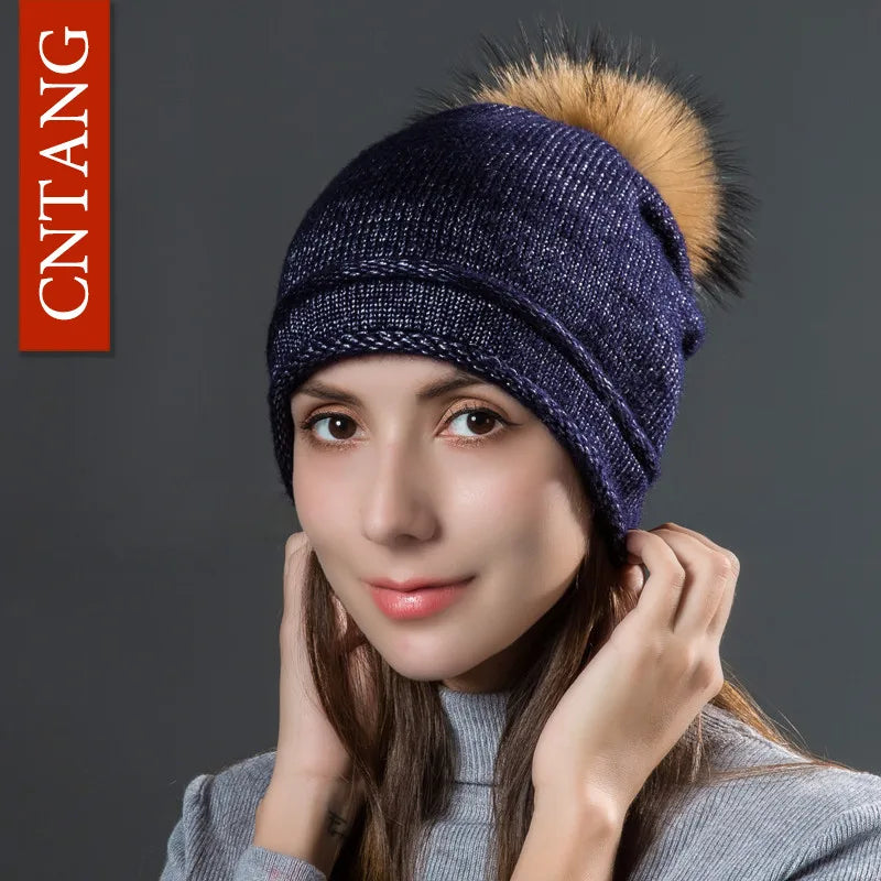 Multiple Styles Fashion Warm Hat Women Winter Beanies Natural Raccoon Fur Pompom Cap Wool Knitted Hats Women High Quality