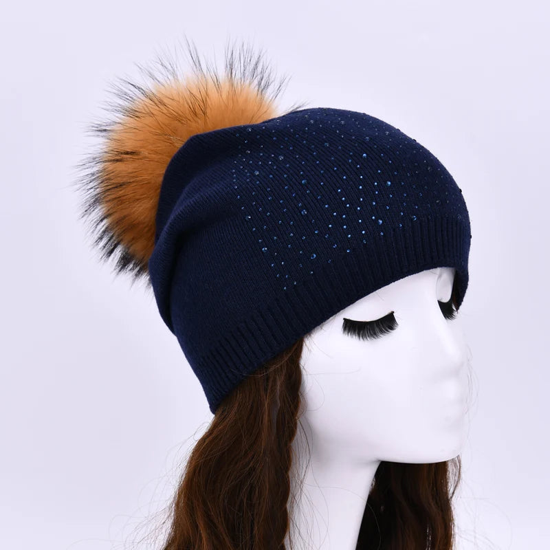 Women's Real Fur Pompon Hat Female Plain Warm Knit Beanie Hat Natural Raccoon Fur Pom Pom Hat Winter Beanies with Fur Pompom