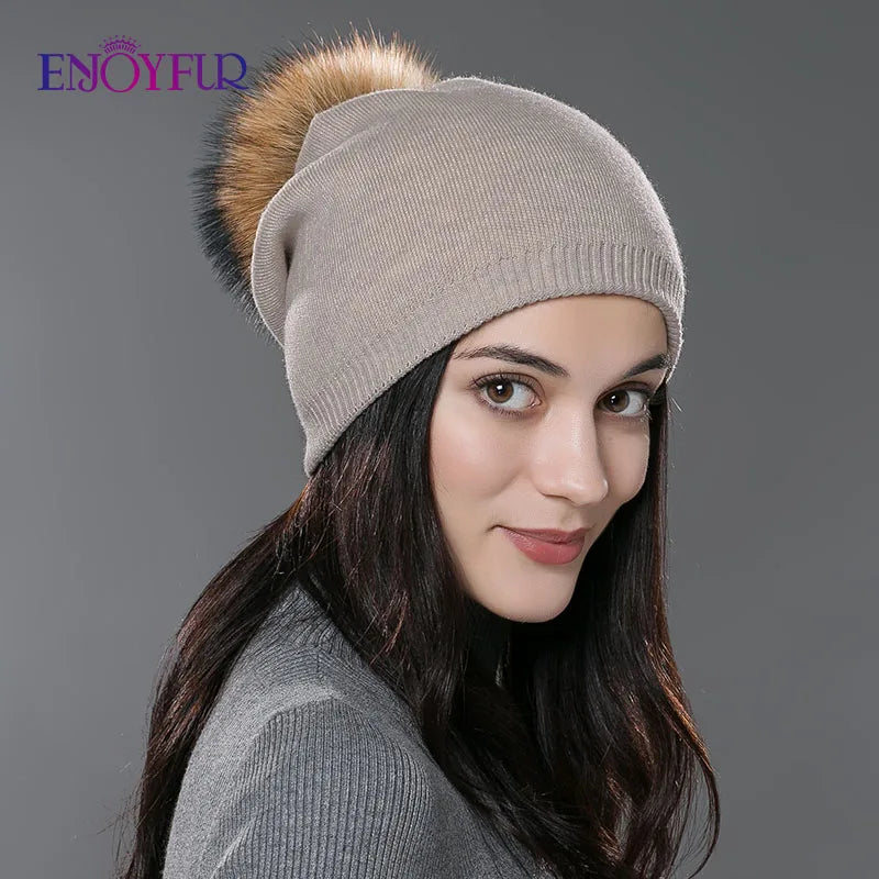 ENJOYFUR Winter women real fur pom pom hats wool knitted thick warm lined beanies hat lady fashion bobble ski caps