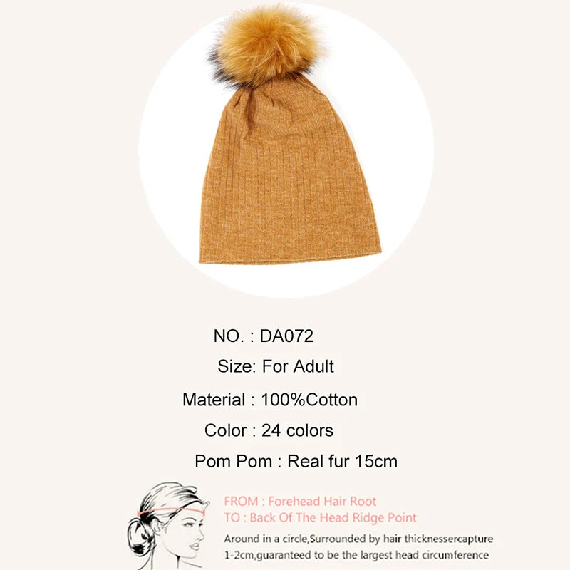 Geebro Women Winter Cotton Ribbed Beanies with 15cm Real Raccoon Fur pompom  Autumn Slouchy Ladies Stretch Striped Skullies Hat