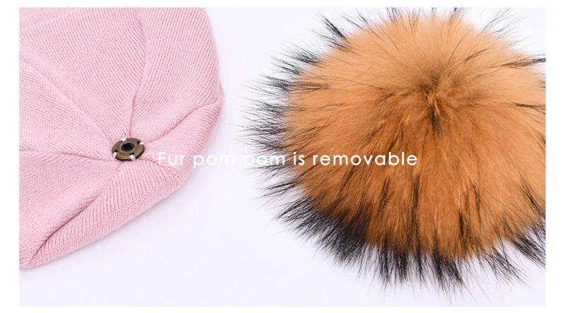 Women's Real Fur Pompon Hat Female Plain Warm Knit Beanie Hat Natural Raccoon Fur Pom Pom Hat Winter Beanies with Fur Pompom