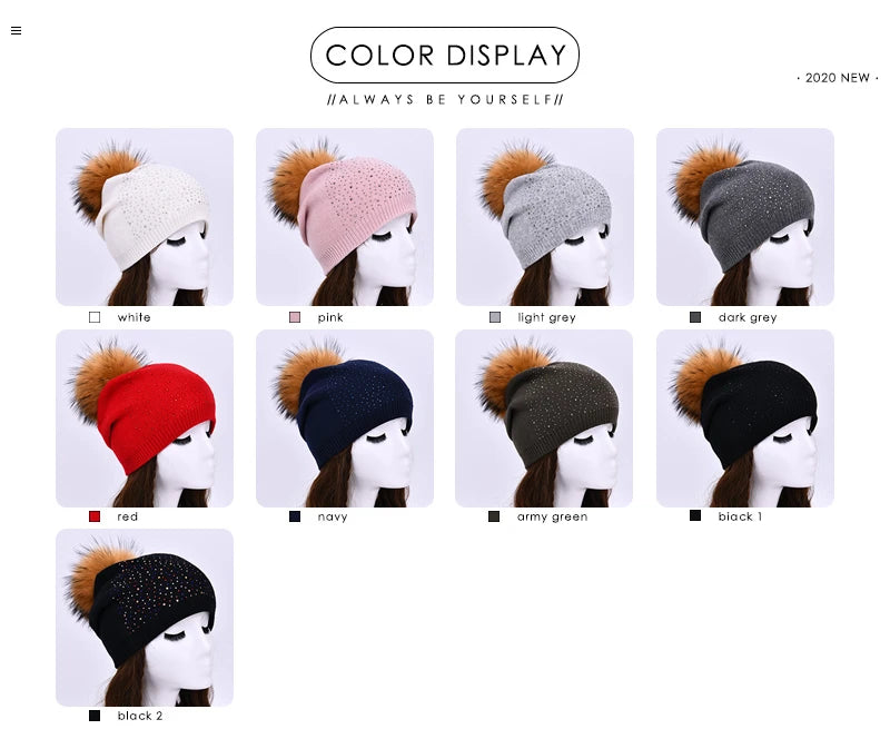 Women's Real Fur Pompon Hat Female Plain Warm Knit Beanie Hat Natural Raccoon Fur Pom Pom Hat Winter Beanies with Fur Pompom