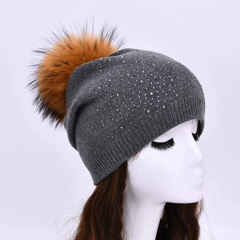 Women's Real Fur Pompon Hat Female Plain Warm Knit Beanie Hat Natural Raccoon Fur Pom Pom Hat Winter Beanies with Fur Pompom