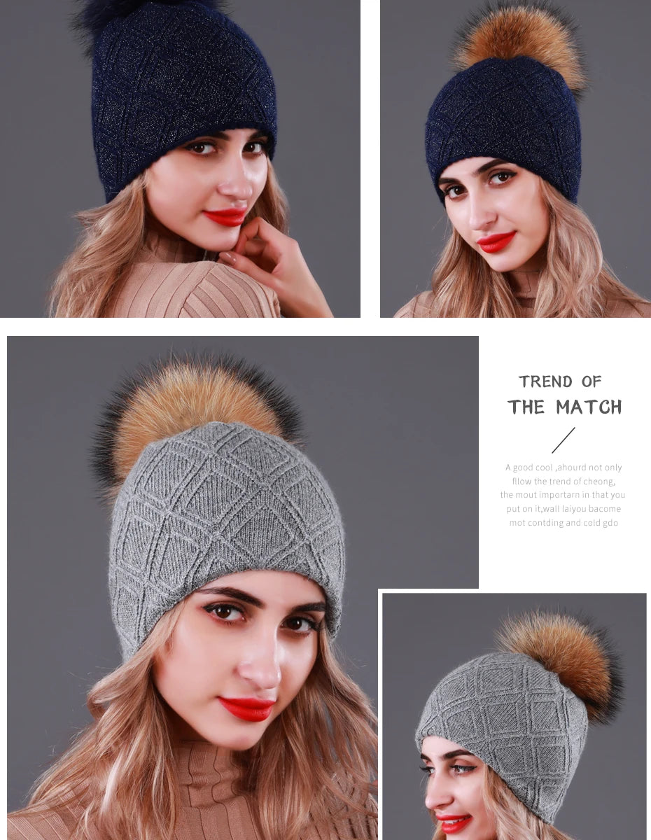 Multiple Styles Fashion Warm Hat Women Winter Beanies Natural Raccoon Fur Pompom Cap Wool Knitted Hats Women High Quality