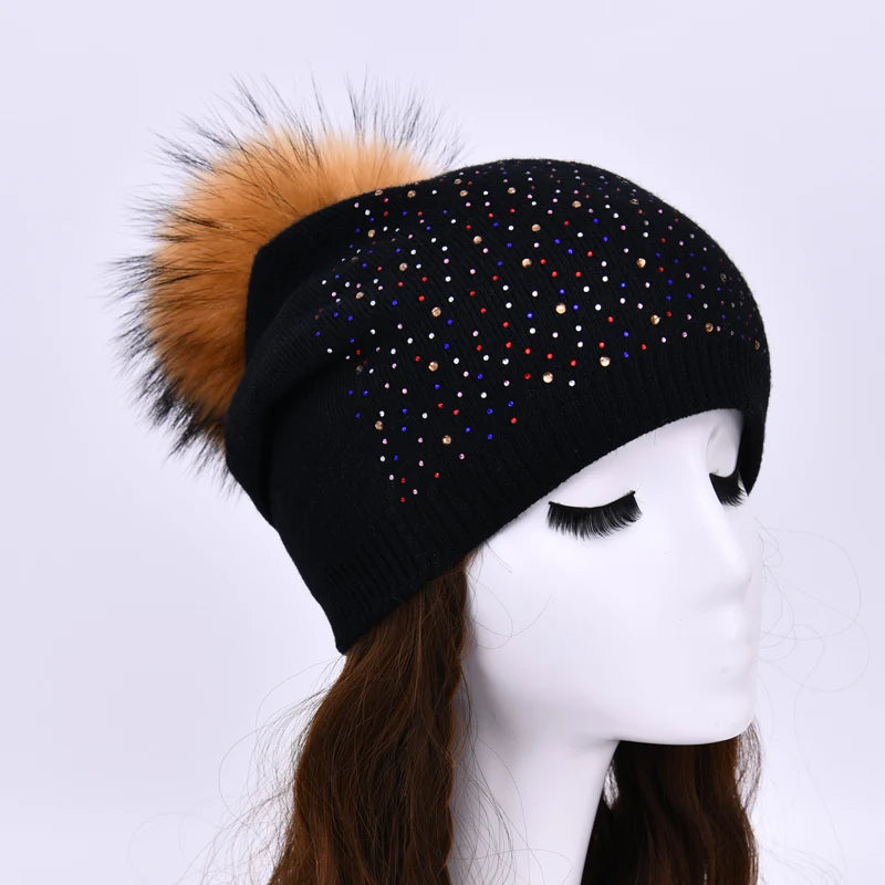 Women's Real Fur Pompon Hat Female Plain Warm Knit Beanie Hat Natural Raccoon Fur Pom Pom Hat Winter Beanies with Fur Pompom