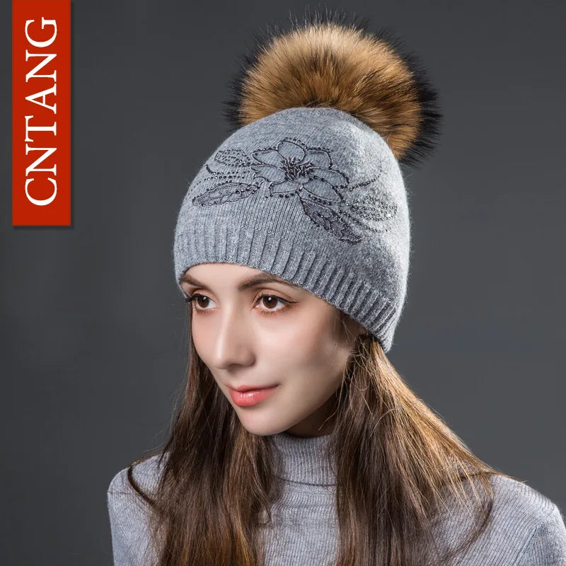 Multiple Styles Fashion Warm Hat Women Winter Beanies Natural Raccoon Fur Pompom Cap Wool Knitted Hats Women High Quality