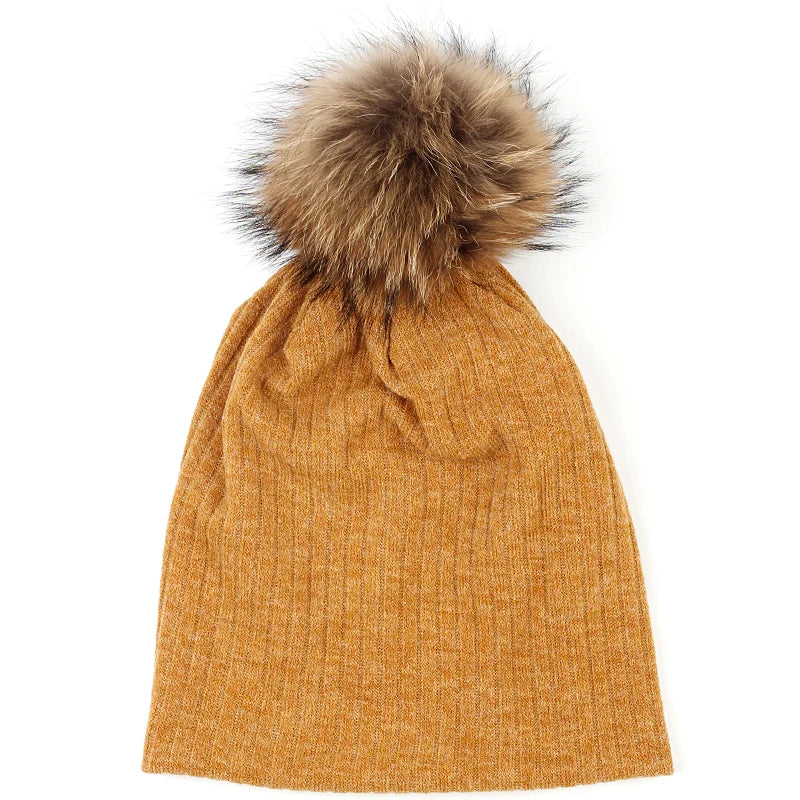 Geebro Women Winter Cotton Ribbed Beanies with 15cm Real Raccoon Fur pompom  Autumn Slouchy Ladies Stretch Striped Skullies Hat