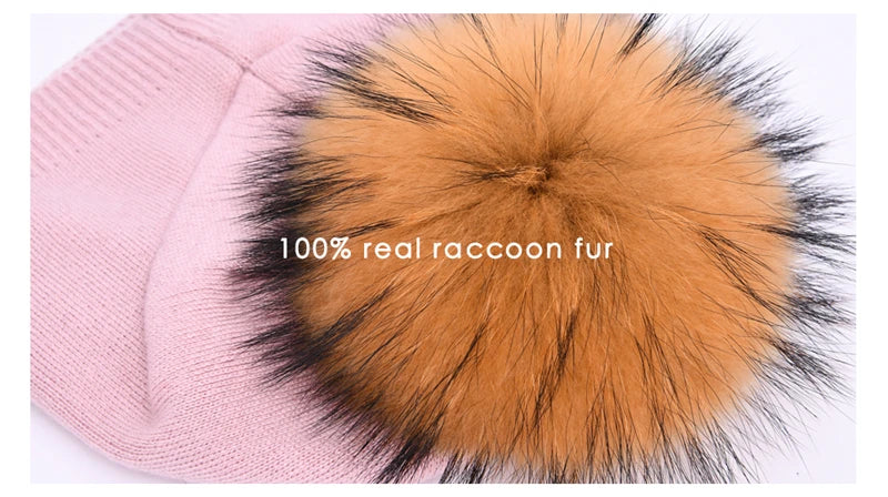 Women's Real Fur Pompon Hat Female Plain Warm Knit Beanie Hat Natural Raccoon Fur Pom Pom Hat Winter Beanies with Fur Pompom