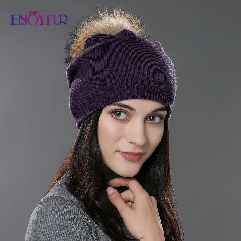 ENJOYFUR Winter women real fur pom pom hats wool knitted thick warm lined beanies hat lady fashion bobble ski caps